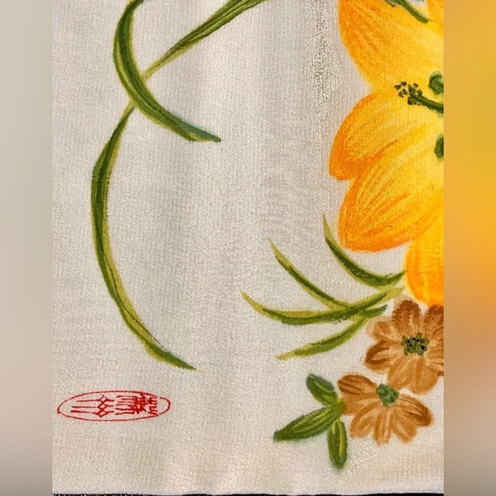VTG Suzhou Silk Hand Painted Floral Fringe Scarf NIB Wearable Art Boho Cream